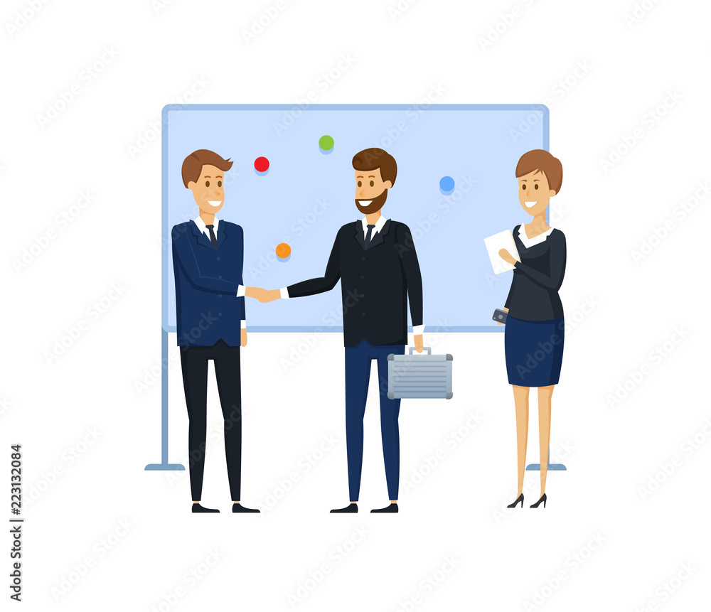 Colleagues from business next to magnetic board with magnets, stickers. Colleagues from business next to magnetic board with magnets, stickers.
