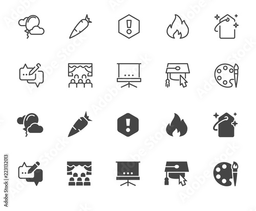 Set of web buttons on hobbies, online shopping and Internet communication theme. 10 icons in line and glyph designs. Interface labels for websites and mobile apps. Vector illustration isolated