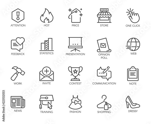 20 linear icons on the subject of online communication and shopping, work and business themes. Graphic pictogram for interfacing, advertising materials, web buttons. Vector illustration isolated