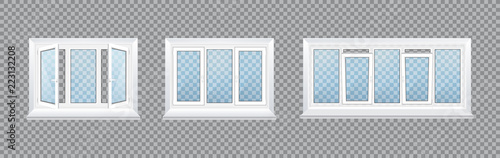 Realistic glass transparent plastic windows with window sills and sashes.