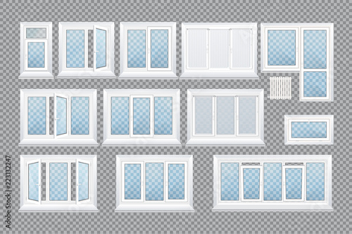 Set of realistic glass transparent plastic windows with window sills.