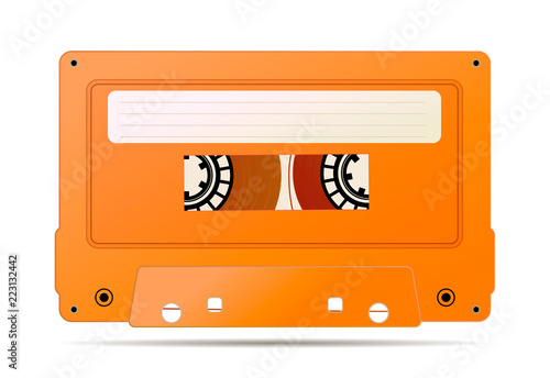 Realistic orange audio cassette with magnetic tape, vintage object isolated on white