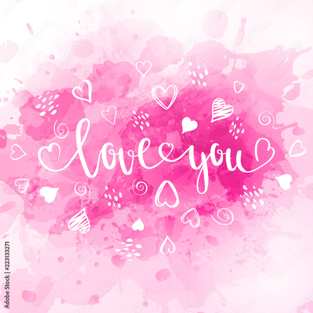 Naklejka premium Abstract background in watercolor style for valentine's day with lettering and doodle hearts.