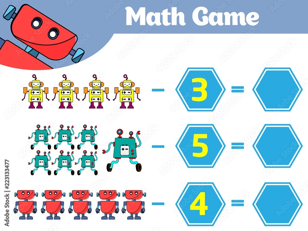 Mathematics educational game for children. Learning subtraction worksheet for kids, counting activity. Vector illustration Robot