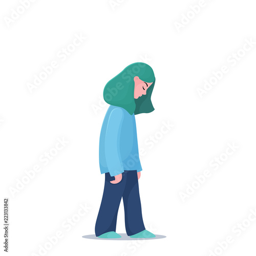 Sad, unhappy, depressed teenage girl, young woman walking slowly alone, depression concept, flat vector illustration isolated on white background. Depressed, unhappy girl, woman walking slowly alone