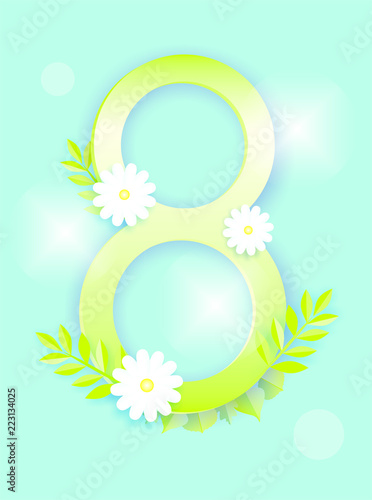 Postcard on March 8. A figure with flowers. Spring. Bloom. Illustration.