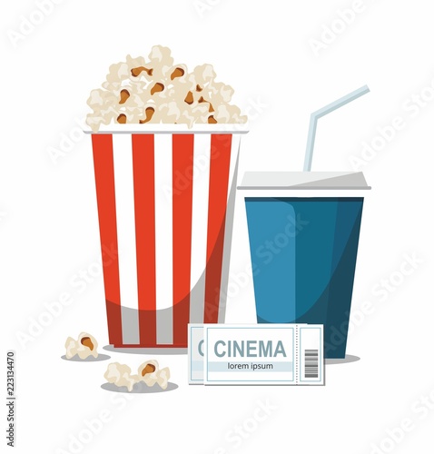 Cinema concept illustration with popcorn bowl,drink and tickets isolated on white background