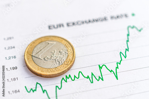 Euro exchange rate: Euro coin placed on a green graph showing increase in currency exchange rate