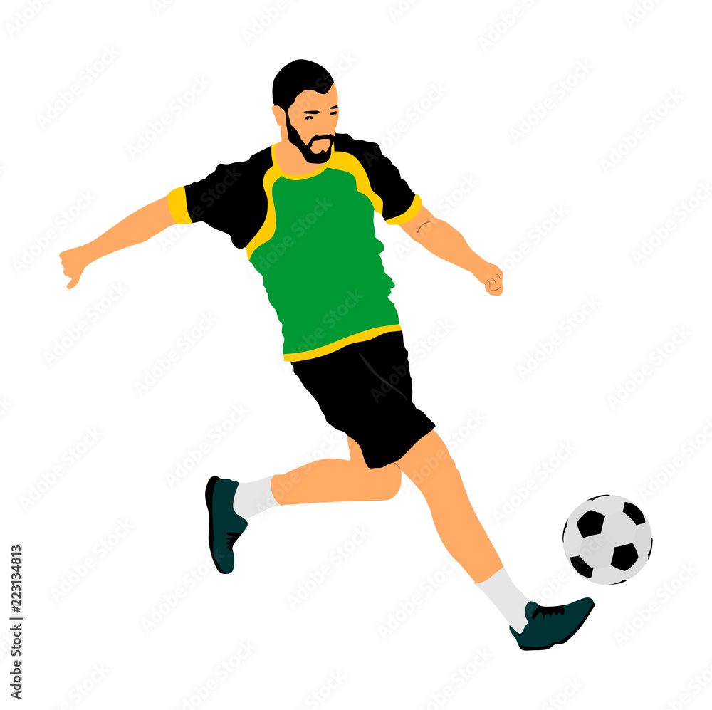 Soccer player with ball in action vector illustration isolated on white background. Football player battle for the ball and position. Member of super star team. Sport activity with ball on training.