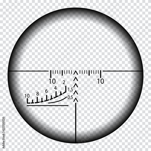 Realistic sniper sight with measurement marks. Sniper scope template isolated on transparent background.