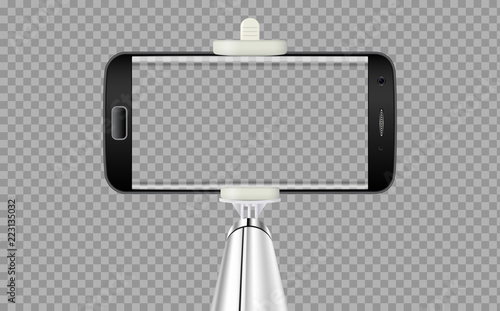 Selfie stick with mobile or cell phone with transparent background