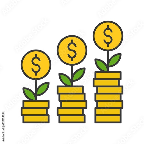 Tree growing on gold coins, investment and financial profit concept, filled outline icon