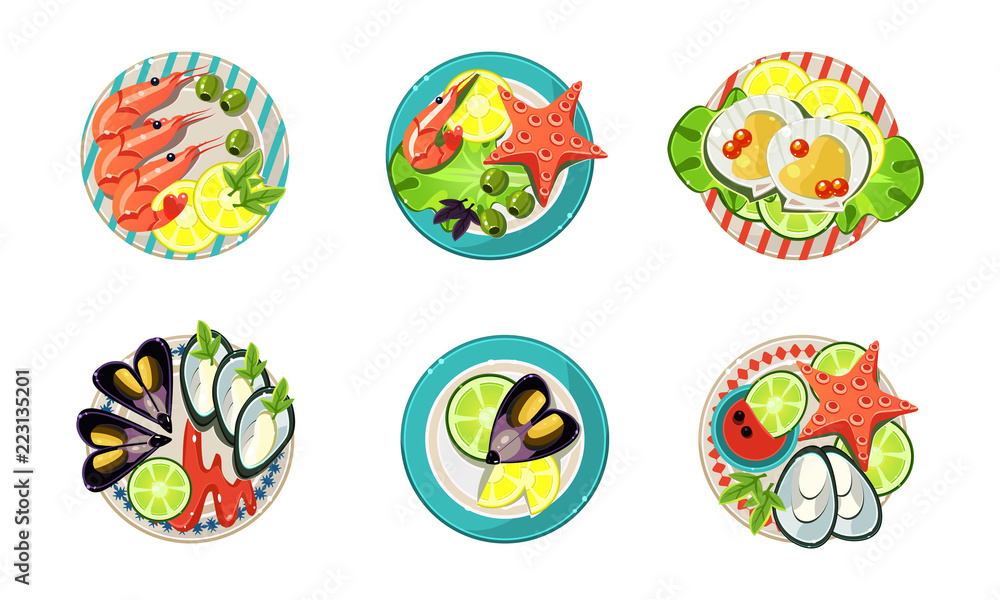 Seafood set, shrimp, oysters, mussels, and starfish vector Illustration on a white background