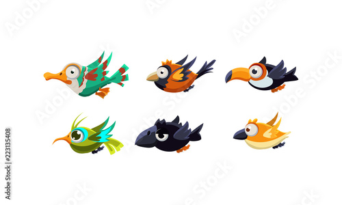 Cute cartoon colorful flying birds set  funny colorful little birds vector Illustration on a white background