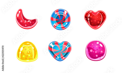 Glossy candies set, sweets of different shapes, user interface assets for mobile apps or video games vector Illustration on a white background