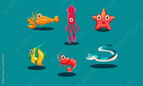 Sea creatures set, cute funny animals and fishes characters, squid, starfish, shrimp, lobster, zebrasoma fish, eel vector Illustration