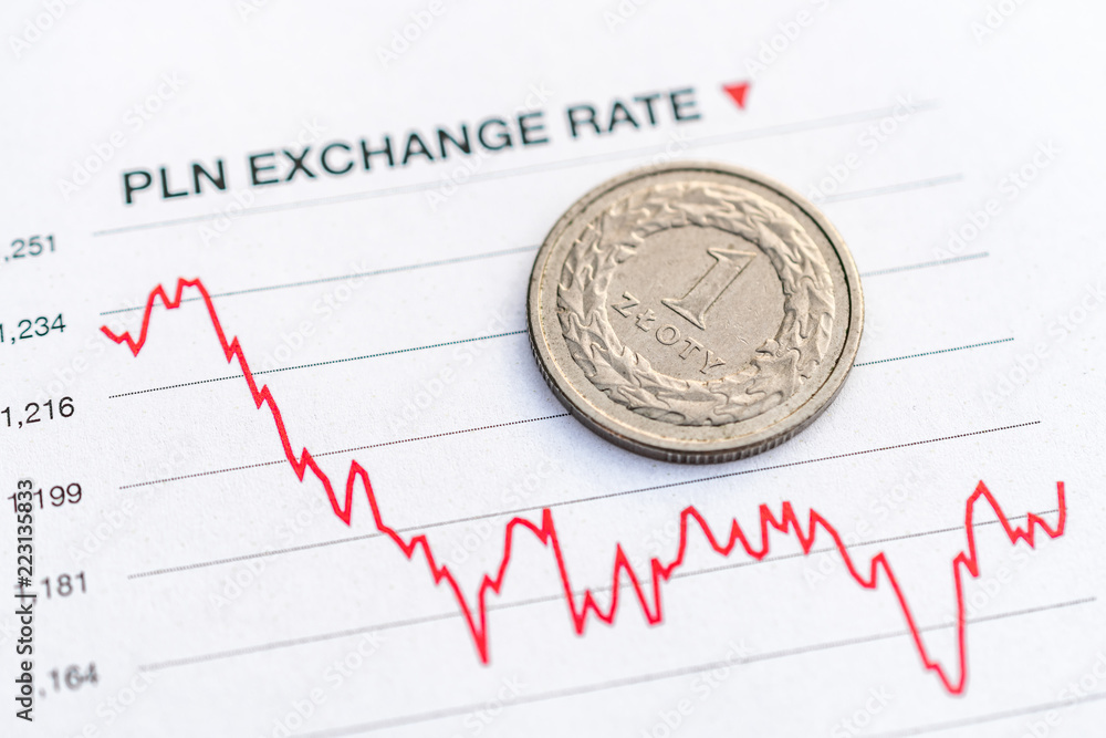 Polish zloty exchange rate: Polish zloty coin placed on a red graph showing decrease in currency exchange rate Polish zloty exchange rate: Polish zloty coin placed on a red graph showing decrease in currency exchange rate
