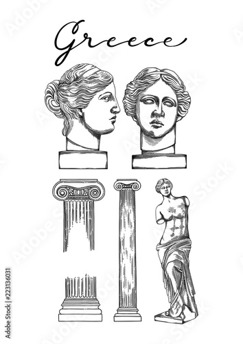 Collection of ancient columns and sculptures of Venus de Milo