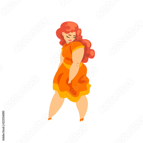 Plump, curvy, overweight girl in orange dress, plus size model in fashionable clothes, body positive vector Illustration on a white background