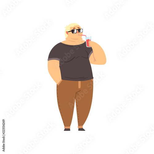 Handsome overweight man drinking soft drink, fat guy in fashionable clothes, body positive vector Illustration on a white background
