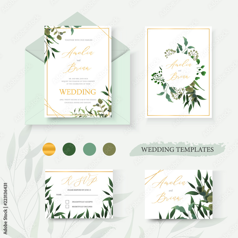 Wedding floral gold invitation card envelope save the date rsvp design