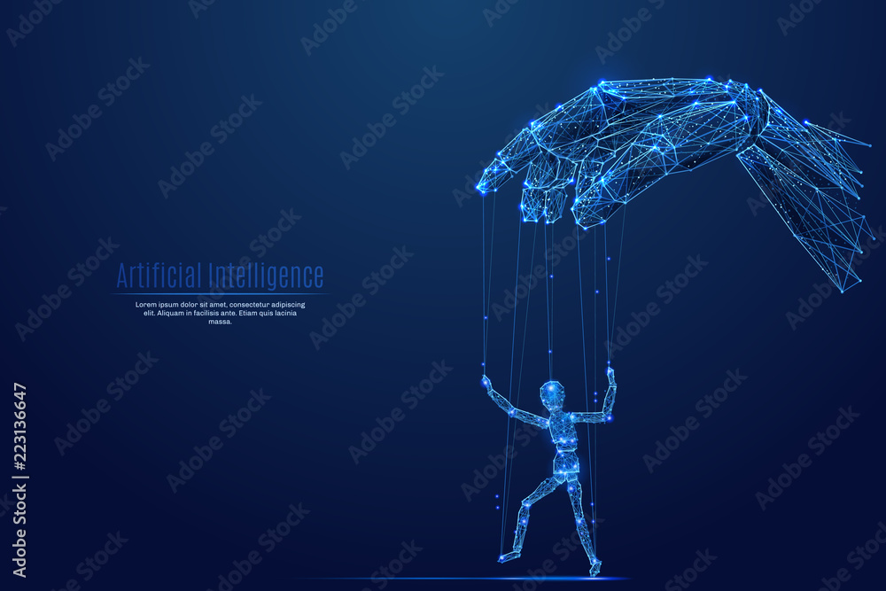 Robotic cyborg hand manipulating human puppet on dark background. Robot.  Artificial Intelligence. In the form of a starry sky or space. Vector image  in RGB Color mode. Future concept. vector de Stock