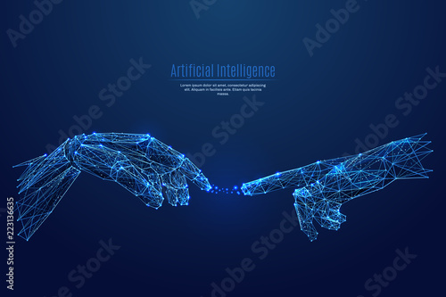 Robot arm and hand human. Touch Technological concept. Low poly blue. Polygonal abstract health illustration. Low poly vector illustration of a starry sky or Cosmos. Vector image in RGB Color mode.