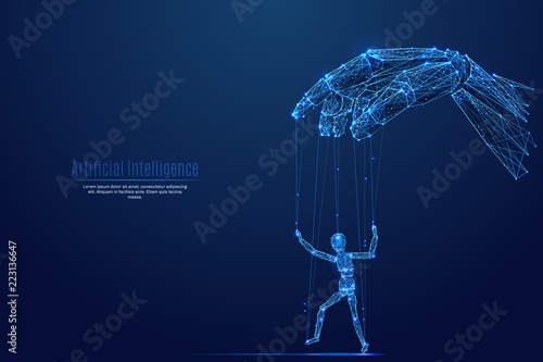 Robotic cyborg hand manipulating human puppet on dark background. Robot. Artificial Intelligence. In the form of a starry sky or space. Vector image in RGB Color mode. Future concept.