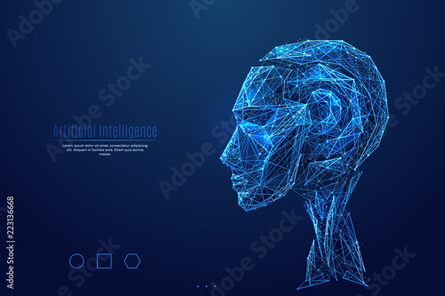 Robot. Artificial Intelligence. Head side view. Low poly blue. Blue polygonal abstract science illustration. In the form of a starry sky or space. Vector image of cyborg in RGB Color mode.