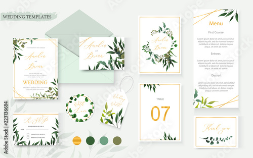 Wedding floral gold invitation card envelope save the date rsvp menu table