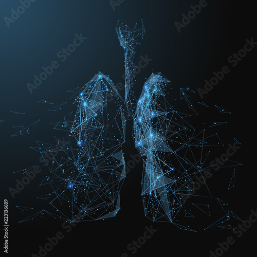 Destructive lungs with broken contour. Low poly blue. Polygonal abstract health illustration. In the form of a starry sky or space. Vector image in RGB Color mode.