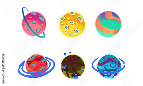 Colorful fantasy alien planets set, cosmic details for game design vector Illustration on a white background