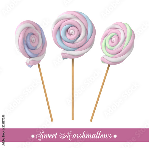 Sweet marshmallow on a stick. Different colors. Vector illustration.