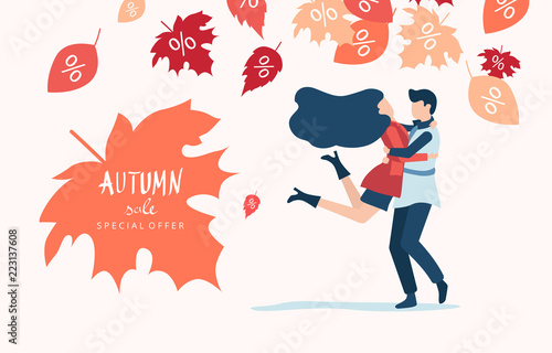 Autumn sale. Promo poster with enamored couple and leaves.