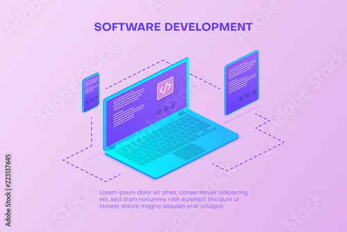 Software development. Landing page template with devices.