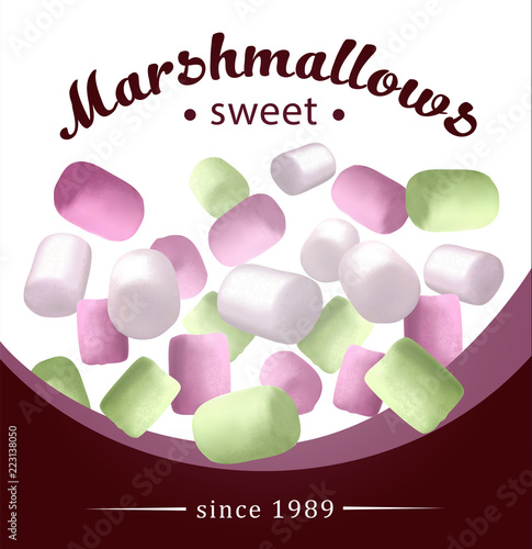 Fresh and delicious pink, white marshmallow.  Design elements for marshmallow packaging. Vector illustration.