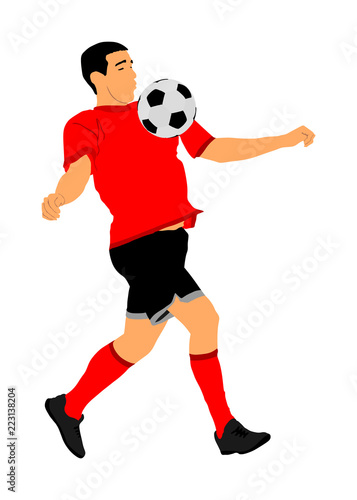 Fototapeta Naklejka Na Ścianę i Meble -  Soccer player with ball in action vector illustration isolated on white background. Football player battle for the ball and position. Member of super star team. Sport activity with ball on training.