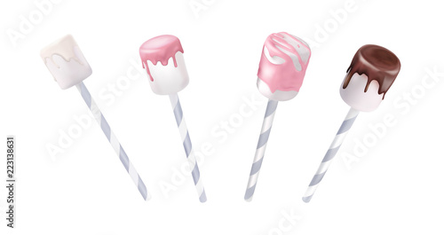 Marshmallow in pink glaze on a stick. Vector illustration.