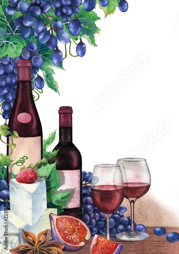 Watercolor wine glasses and bottles decorated with delicious food