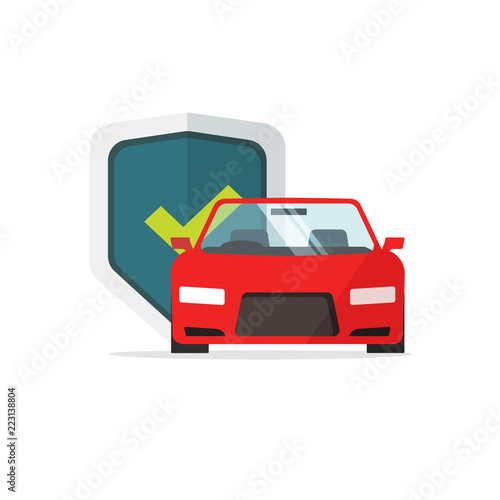 Car protection vector illustration, flat cartoon automobile with shield protected and checkmark, concept of auto security, insurance symbol, guard sign isolated on white