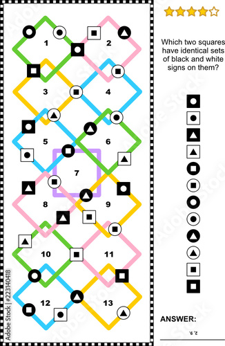 IQ training abstract visual puzzle (suitable both for kids and adults): Which two squares have identical sets of black and white signs on them? Answer included.

