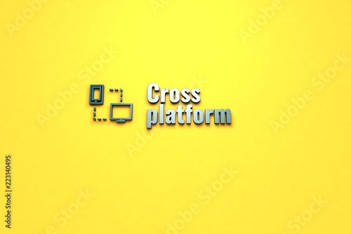 3D illustration of Cross platform, blue color and blue text with yellow background.