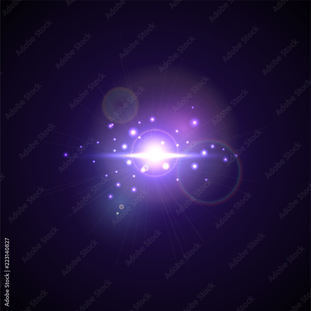 Purple Flash with rays and spotlight. Realistic light glare, star glow. Lens flare effect on black background. Bright Sunflare Explosion.  