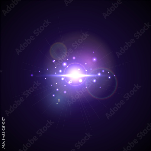 Purple Flash with rays and spotlight. Realistic light glare, star glow. Lens flare effect on black background. Bright Sunflare Explosion. 