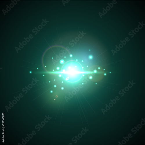 Turquoise Flash with rays and spotlight. Realistic light glare, high loth, star glow. Lens flare effect on black background. Bright Sunflare Explosion. Shining Vector illustration Beautiful Template.