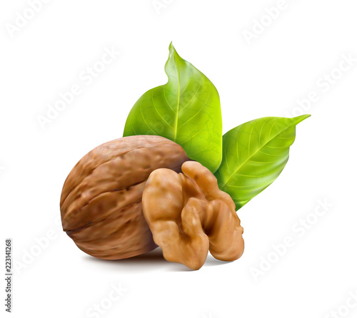 Walnuts with leaves and kernel walnut.