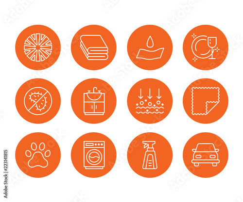 Microfiber cloth properties flat line icons. Absorbing material, dust cleaning, washable, antibacterial, clean detergent illustrations. Thin signs for napkin package.