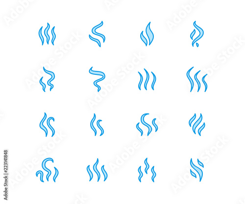Smoke, steam flat line icons. Fumes shapes, aroma smell heat illustrations. Evaporation vector signs.
