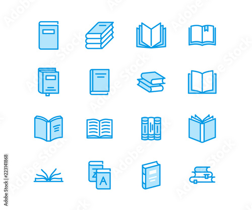 Books flat line icons. Reading, library, literature education illustrations. Thin signs for e-book store, textbook, encyclopedia. Pixel perfect 64x64. Editable Strokes.