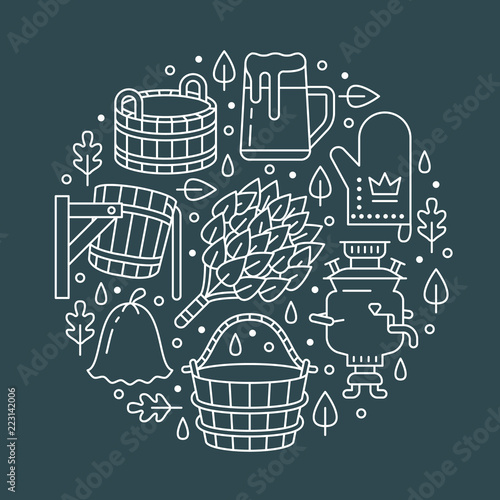Sauna, steam bath room banner illustration with flat line icons. Bathroom equipment birch, oak broom, bucket, beer, samovar. Finnish, russian banya. Circle template thin linear signs spa poster.